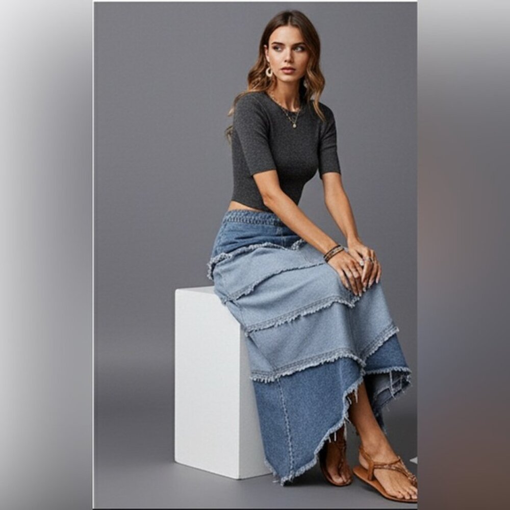 Long Denim Patchwork Skirt - Picture 6 of 8